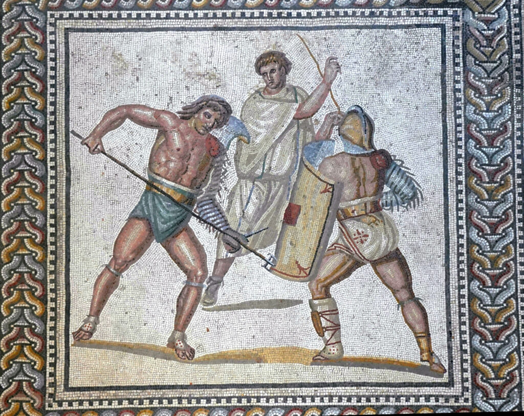 Roman gladiators fighting in a mosaic.