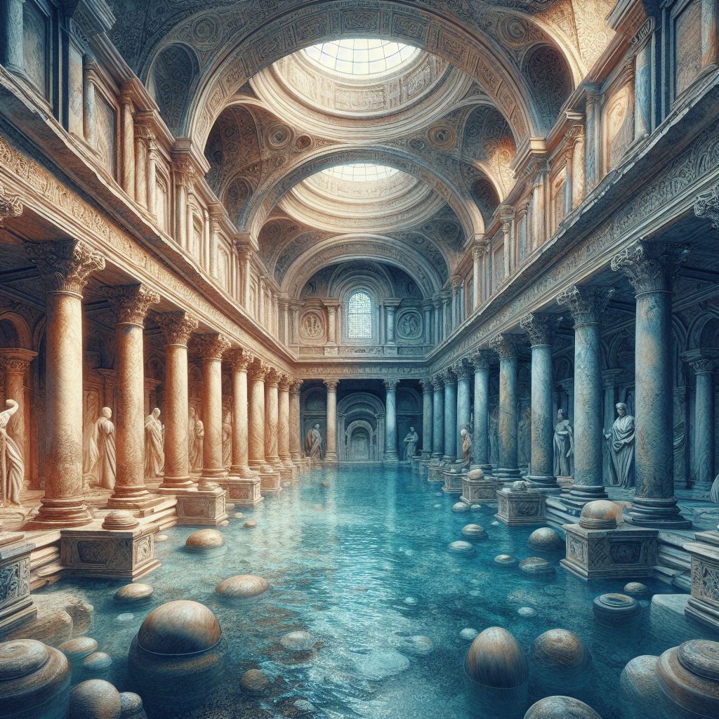 Digital art of Ancient Roman baths.