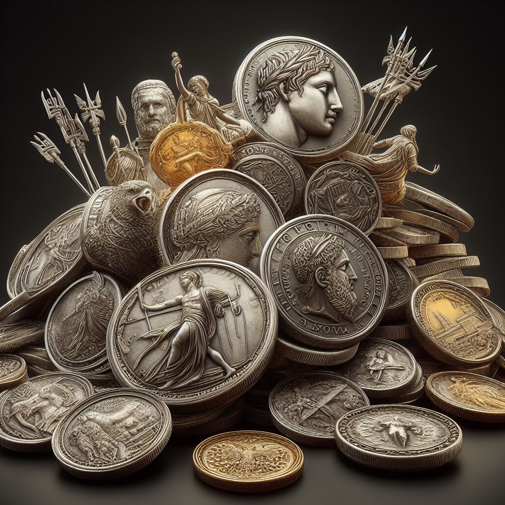 Digital art of a pile of Roman coins.